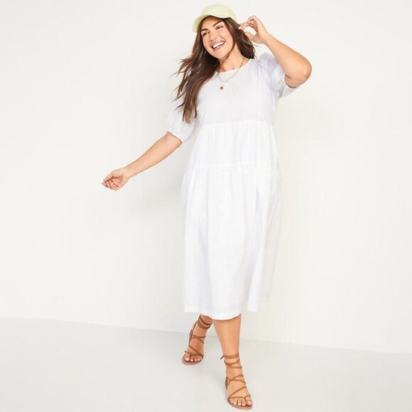 NWT - Tall Old Navy Tiered Puff-Sleeve All-Day Midi Swing Dress - Picture 5 of 11